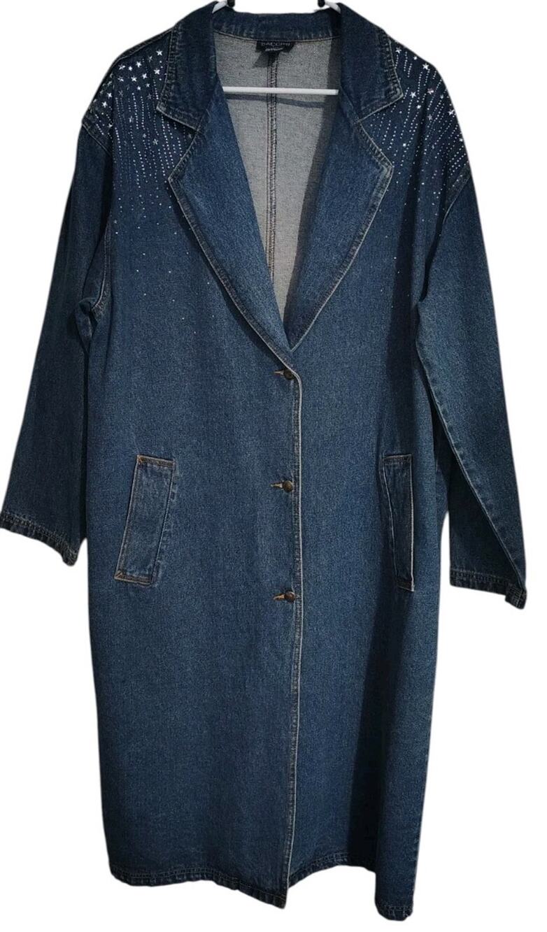 Vintage Denim Jacket Long Trench Coat Stars Duster Blue Woman's 1980's Baccini